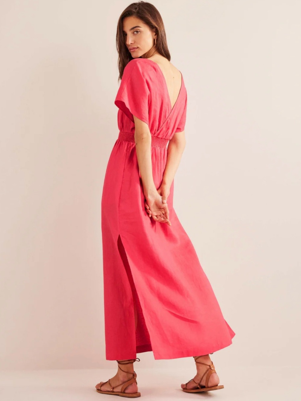 NWT Boden Coral Pink Linen Kaftan Maxi Dress in Coral Sunset, Size 6 - Picture 3 of 16